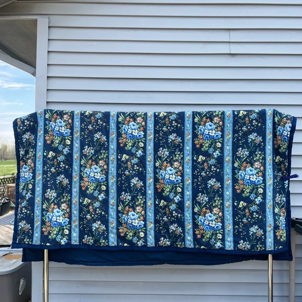 Vtg Handmade Quilt 78x82 Blue Floral Cottagecore Hand Stitched Cotton Full Queen